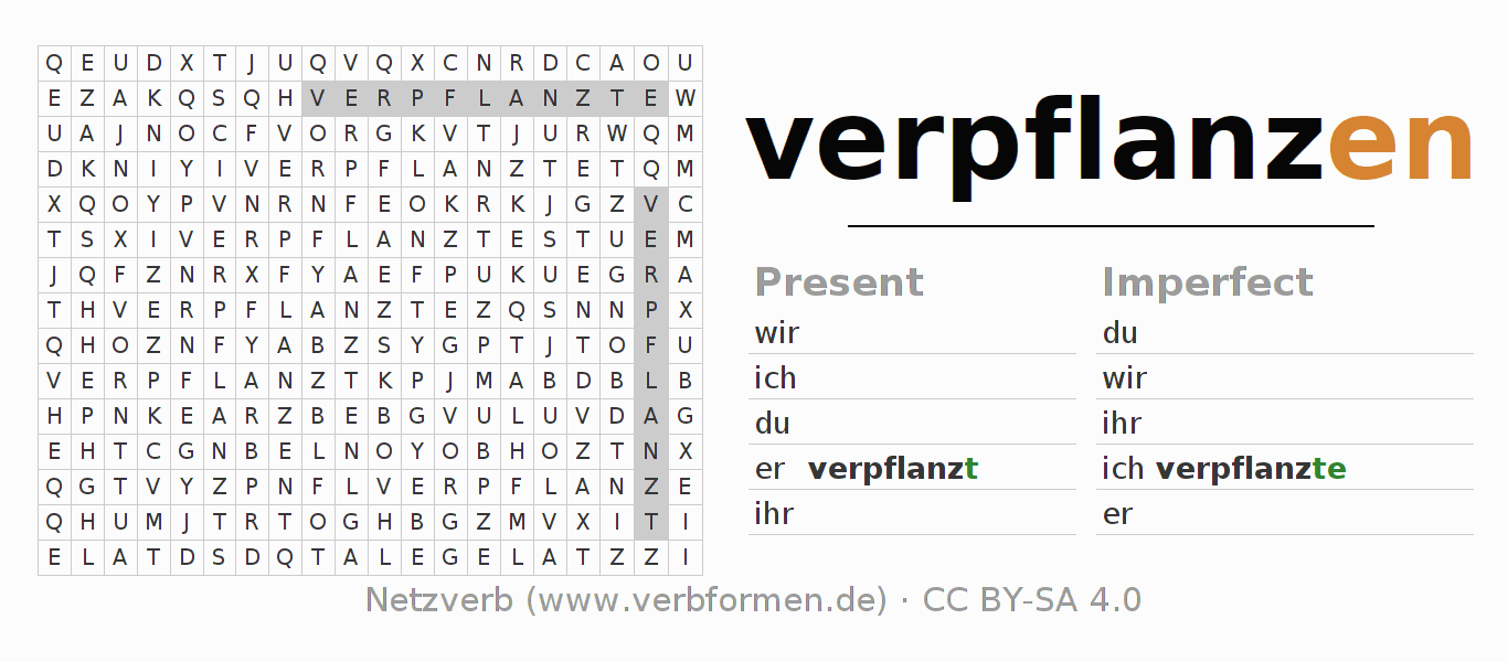 Word search puzzle for conjugation of German verb verpflanzen