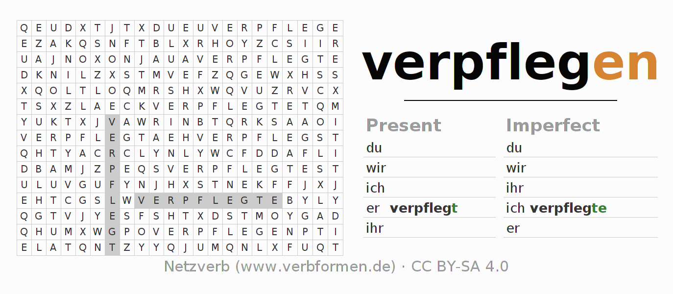 Word search puzzle for conjugation of German verb verpflegen