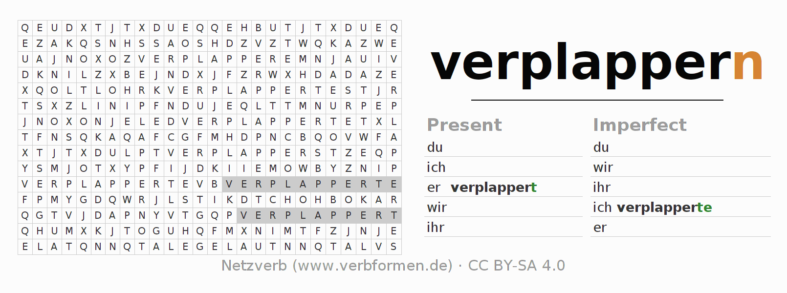 Word search puzzle for conjugation of German verb verplappern