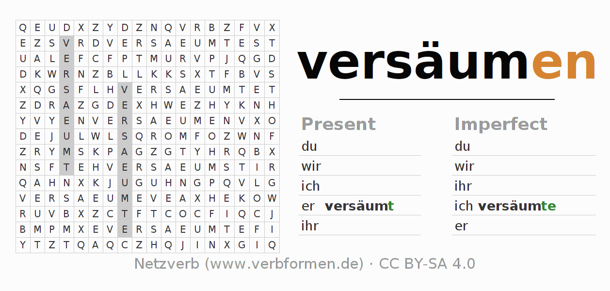 Word search puzzle for conjugation of German verb versäumen
