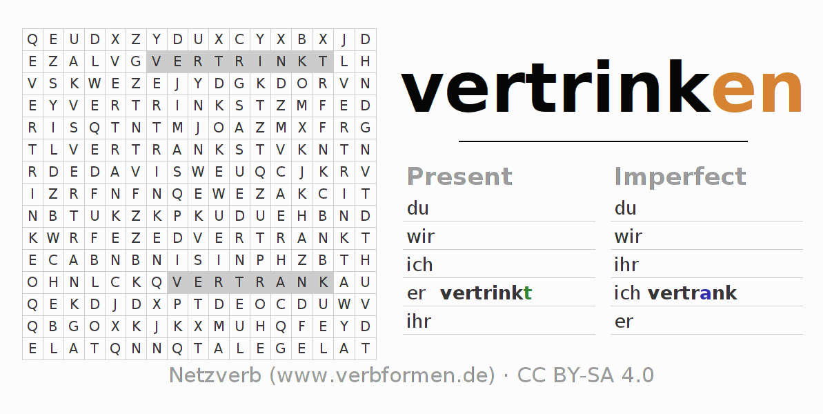 Word search puzzle for conjugation of German verb vertrinken