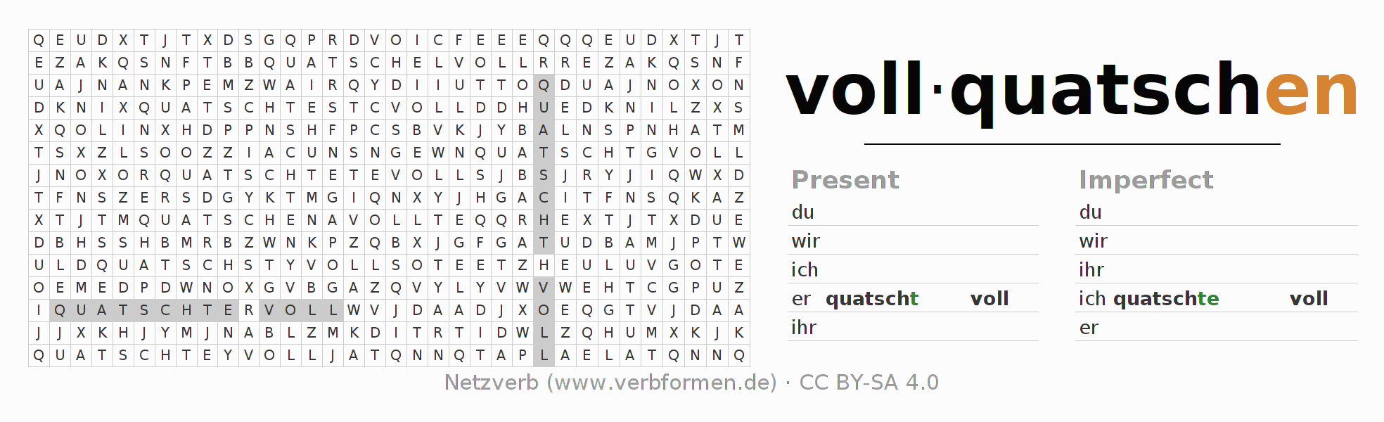 Word search puzzle for conjugation of German verb vollquatschen