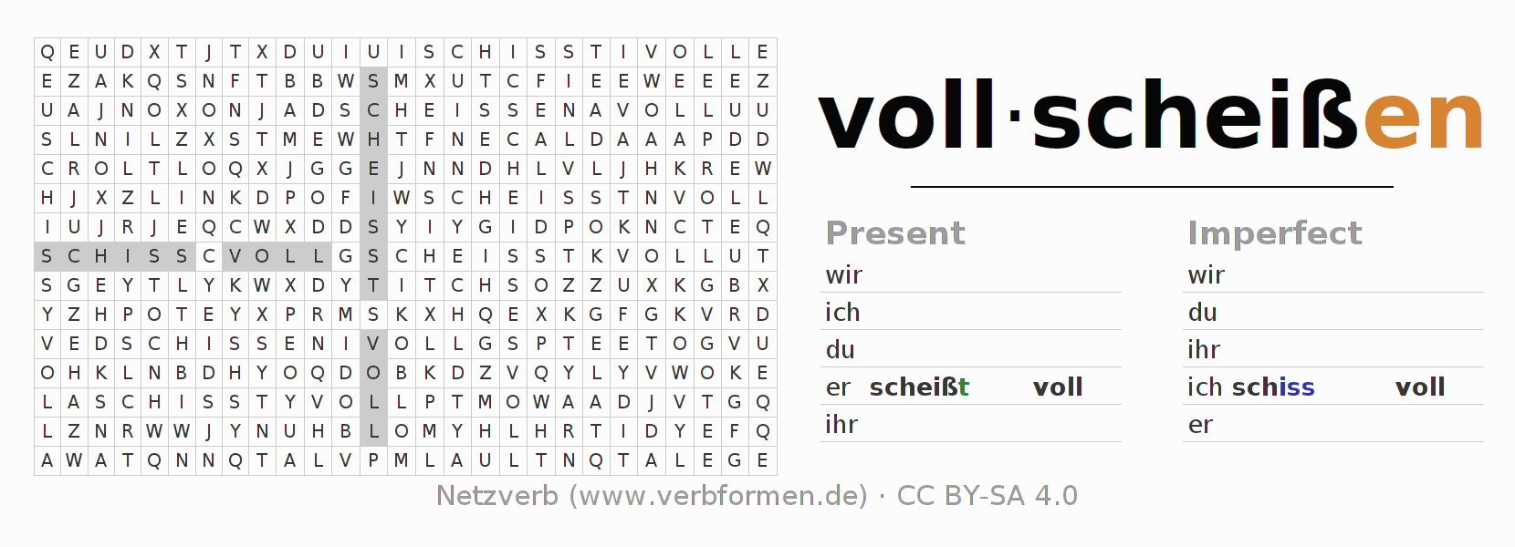 Word search puzzle for conjugation of German verb vollscheißen
