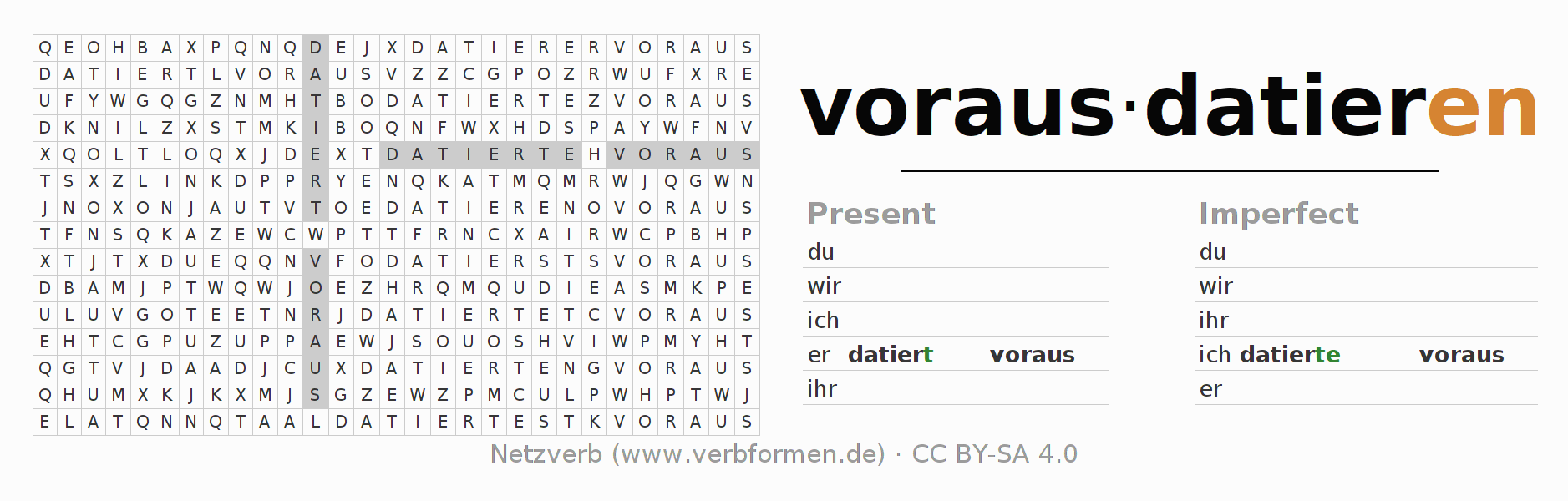 Word search puzzle for conjugation of German verb vorausdatieren