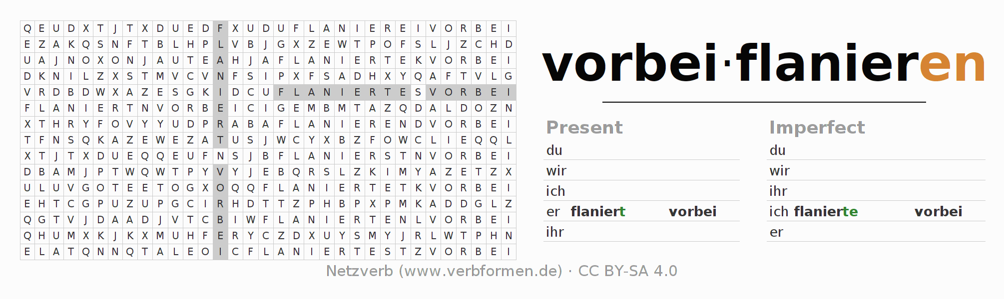 Word search puzzle for conjugation of German verb vorbeiflanieren