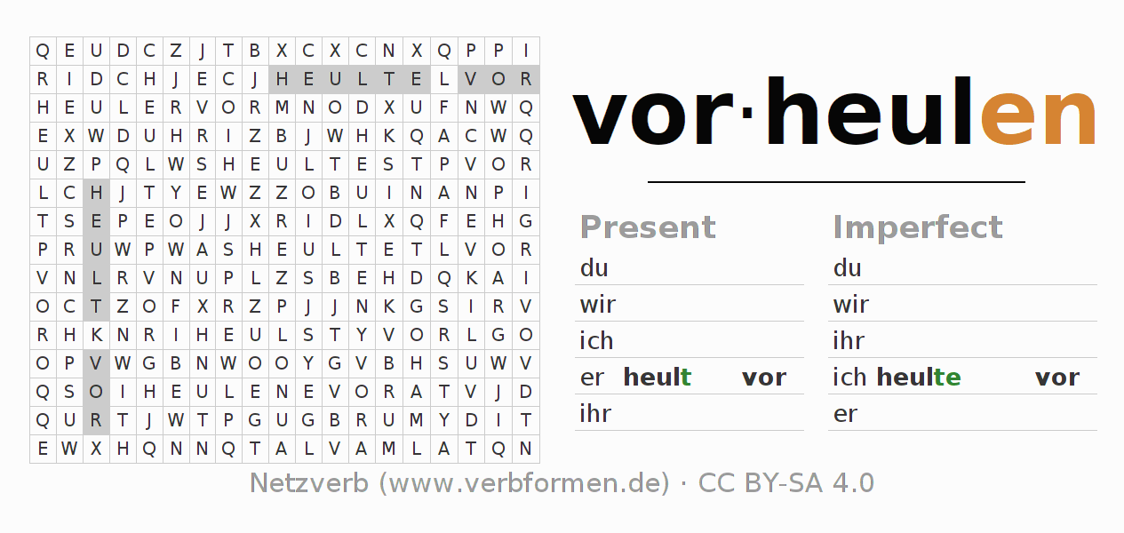 Word search puzzle for conjugation of German verb vorheulen