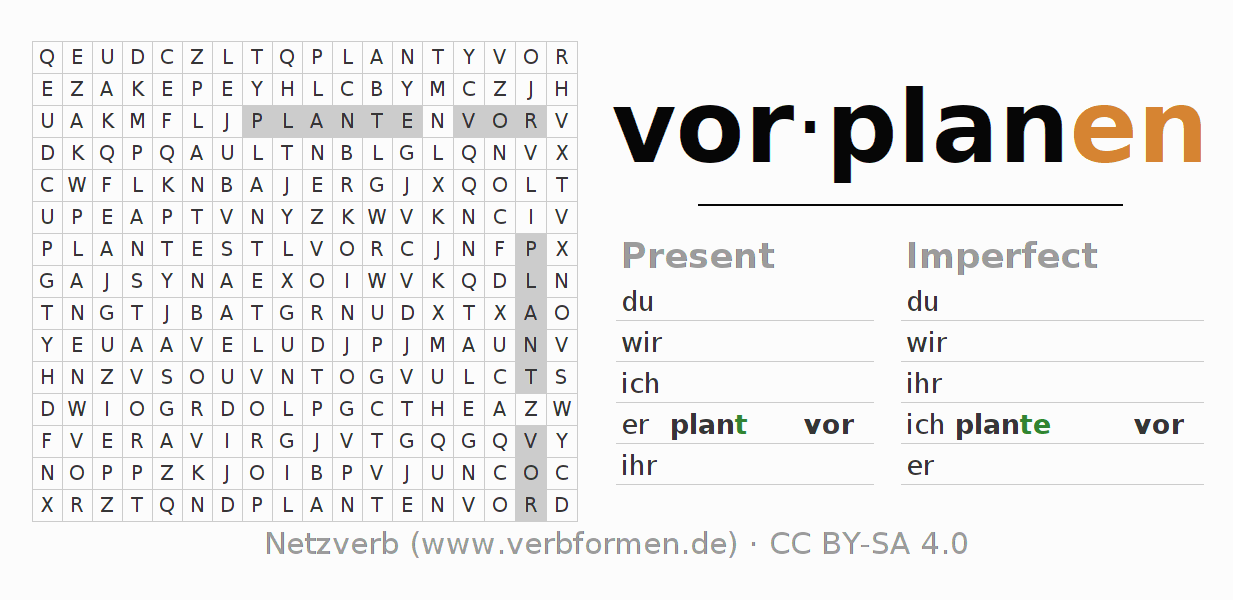 Word search puzzle for conjugation of German verb vorplanen