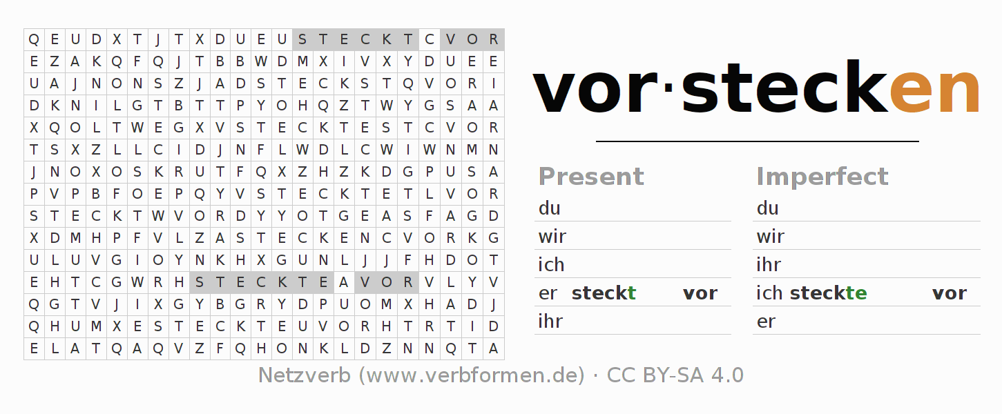 Word search puzzle for conjugation of German verb vorstecken