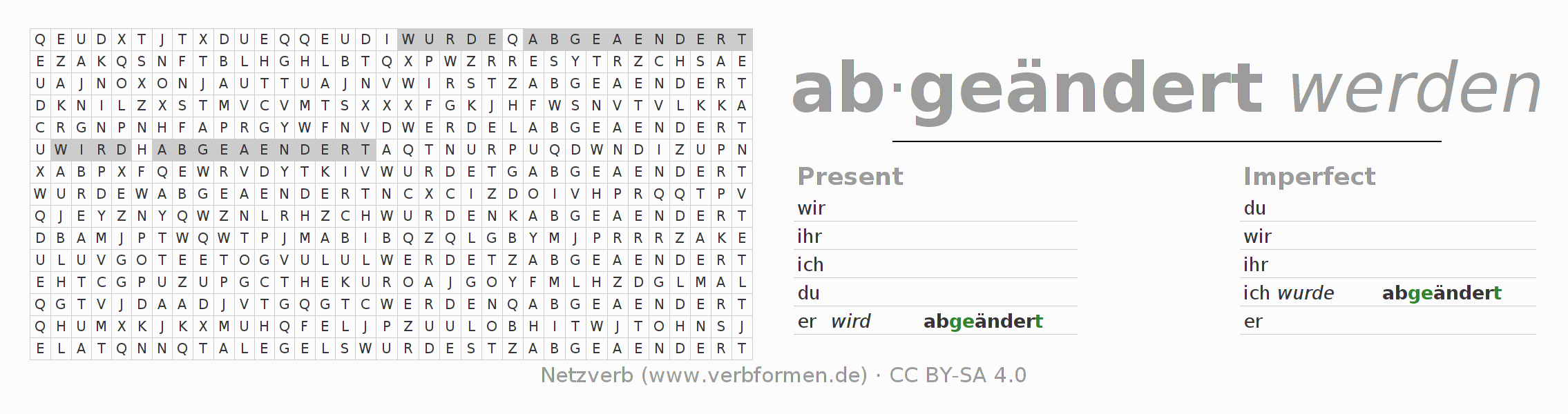 Word search puzzle for conjugation of German verb abändern