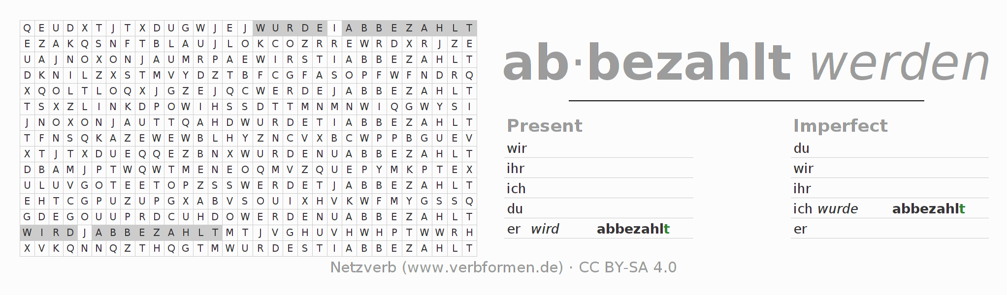 Word search puzzle for conjugation of German verb abbezahlen