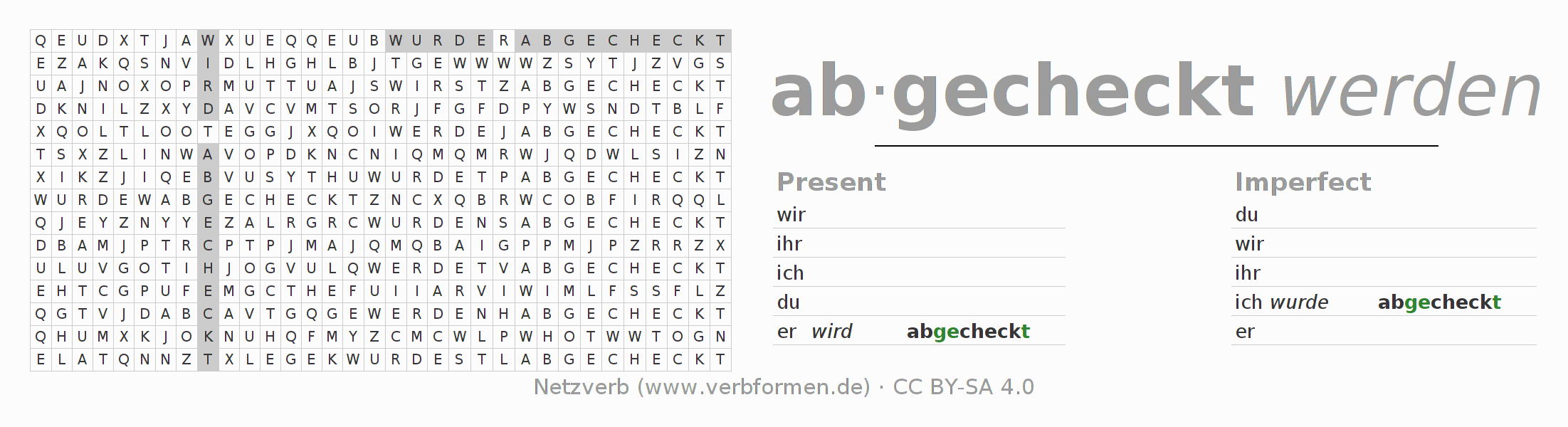 Word search puzzle for conjugation of German verb abchecken
