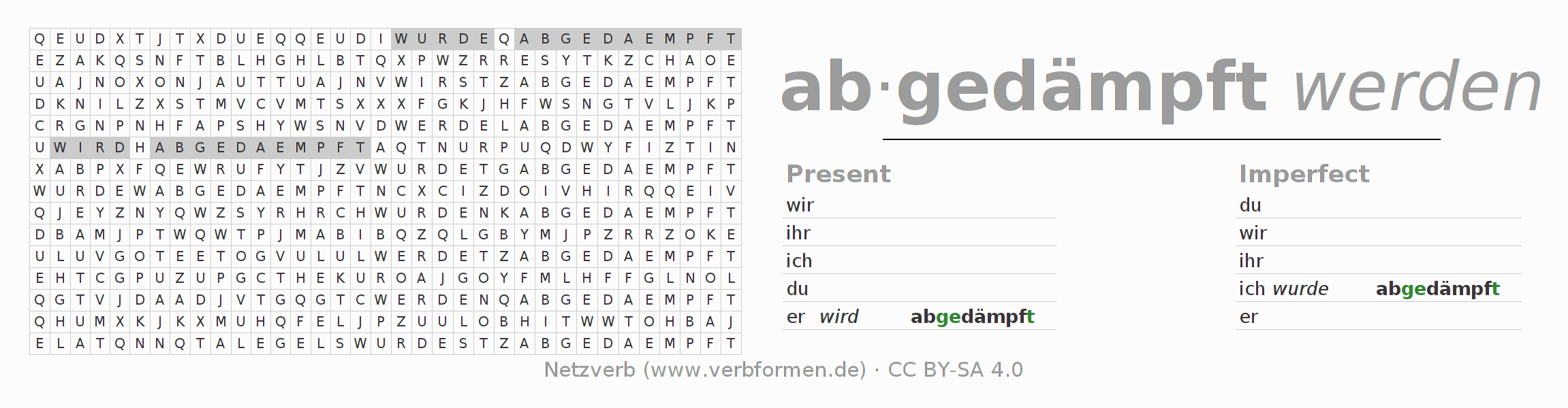 Word search puzzle for conjugation of German verb abdämpfen