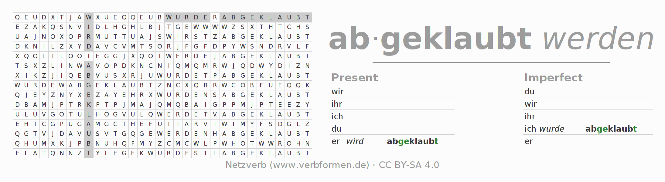 Word search puzzle for conjugation of German verb abklauben