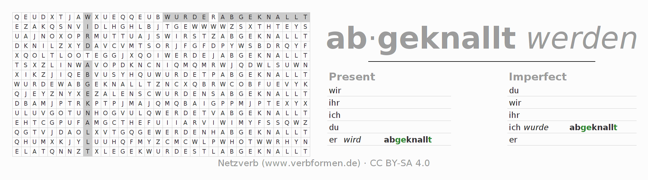 Word search puzzle for conjugation of German verb abknallen