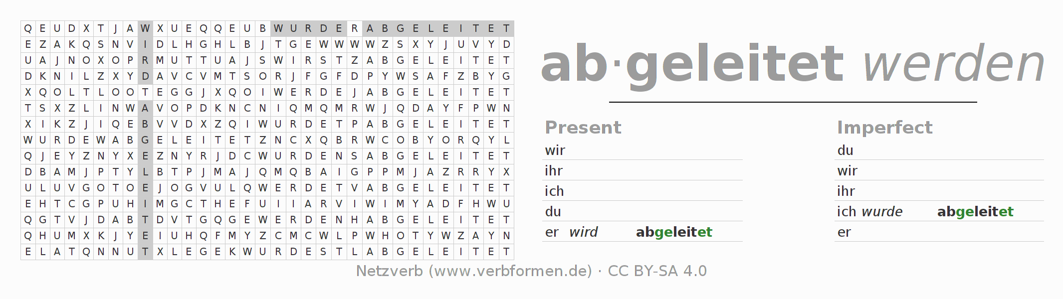 Word search puzzle for conjugation of German verb ableiten