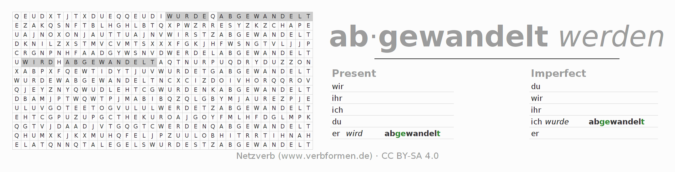 Word search puzzle for conjugation of German verb abwandeln