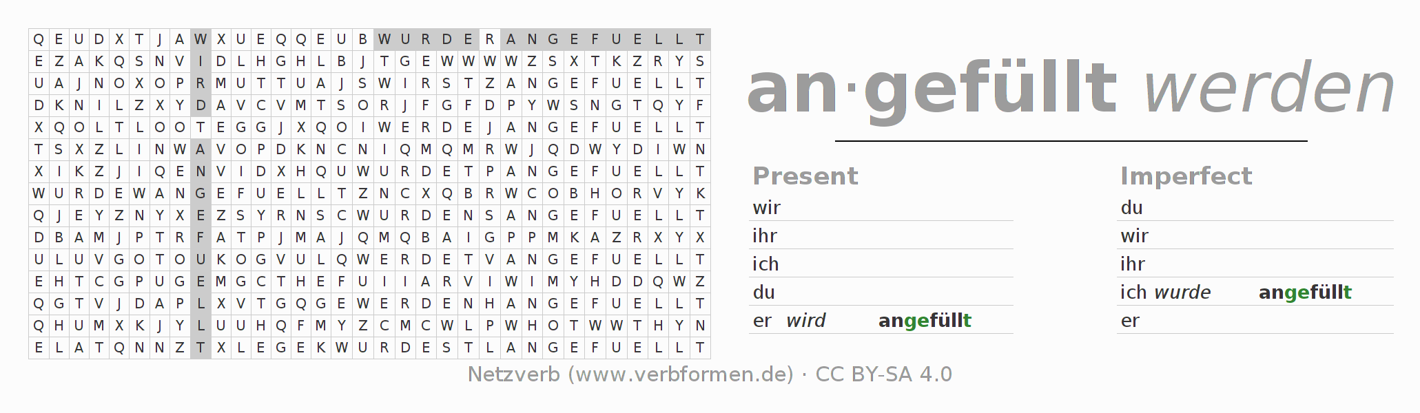 Word search puzzle for conjugation of German verb anfüllen