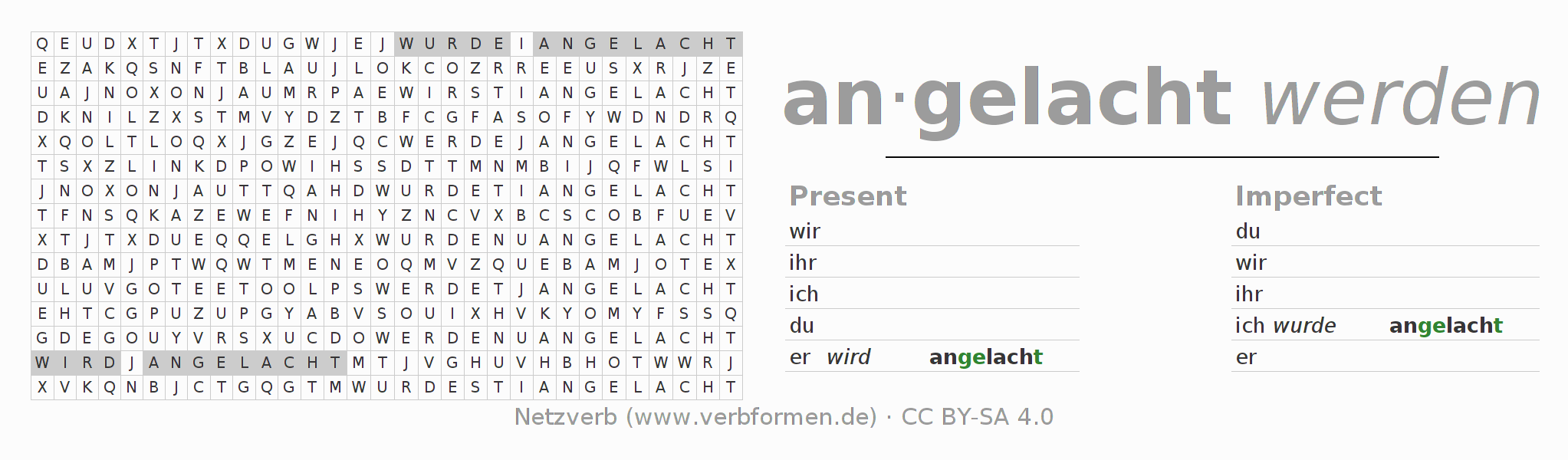 Word search puzzle for conjugation of German verb anlachen