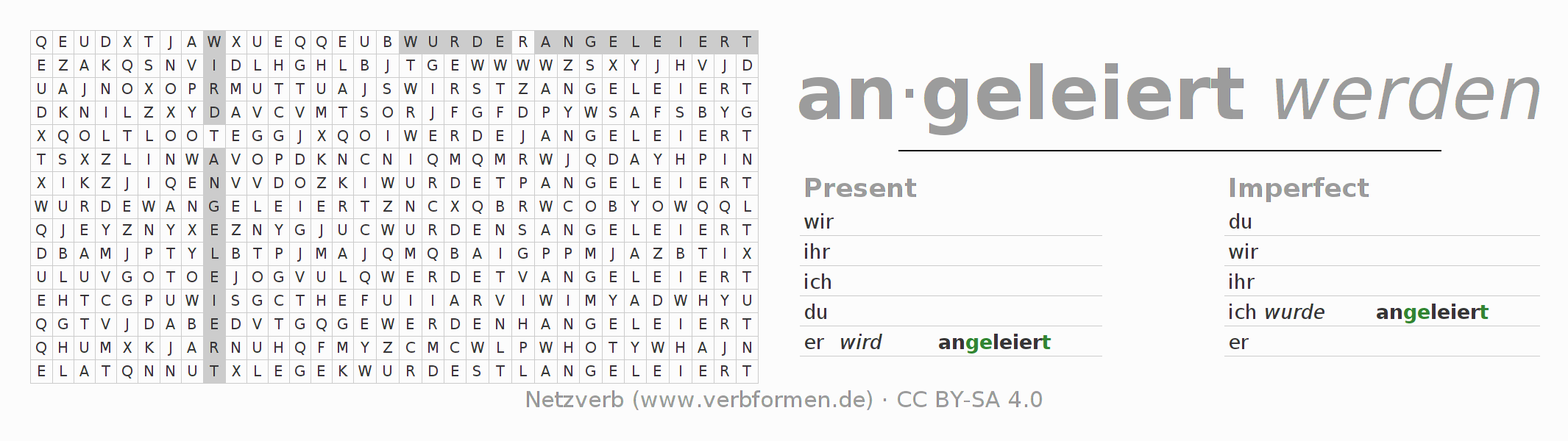 Word search puzzle for conjugation of German verb anleiern