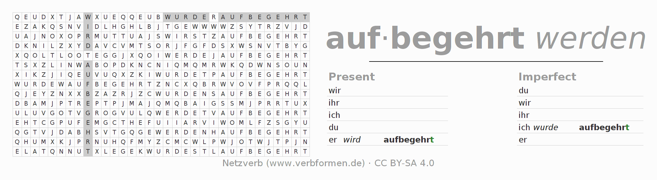 Word search puzzle for conjugation of German verb aufbegehren