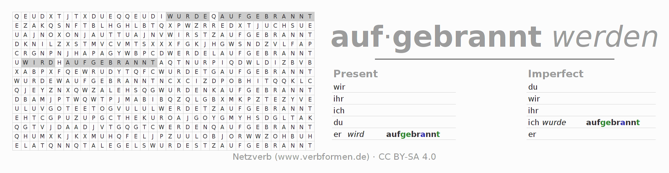 Word search puzzle for conjugation of German verb aufbrennen (hat)