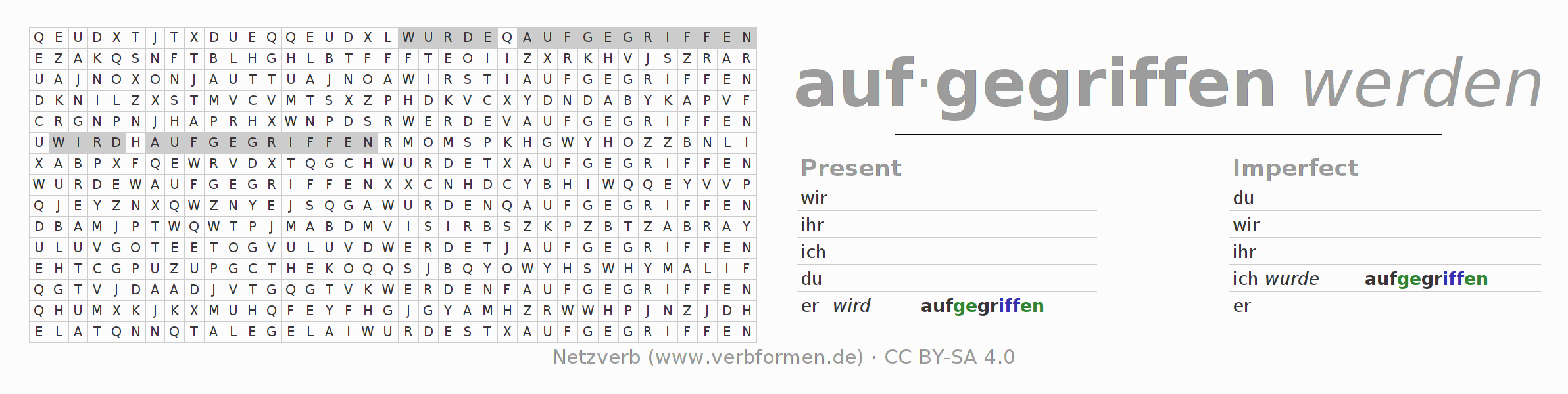 Word search puzzle for conjugation of German verb aufgreifen
