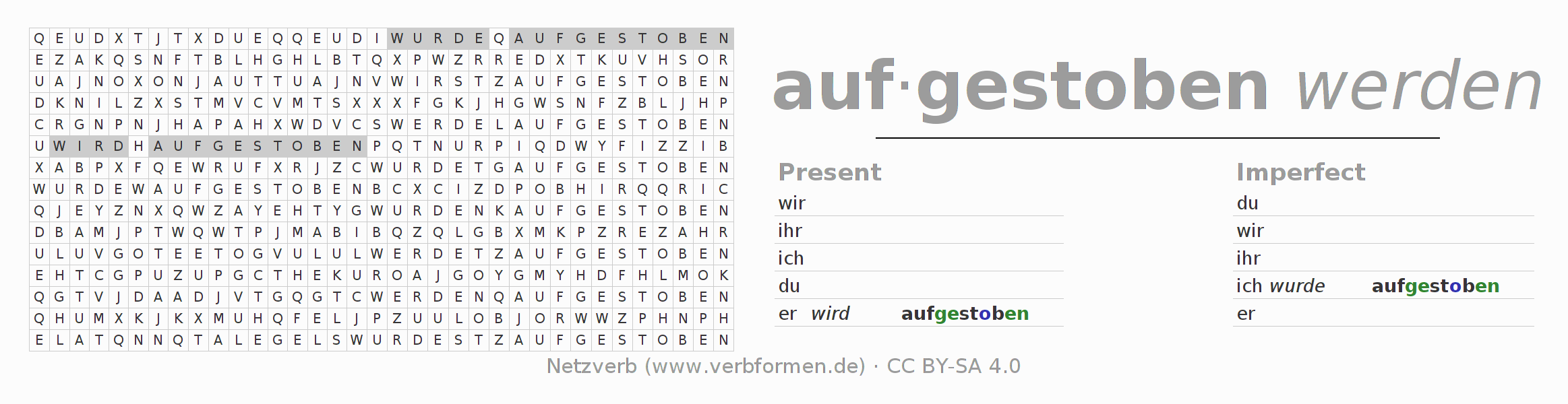 Word search puzzle for conjugation of German verb aufstieben