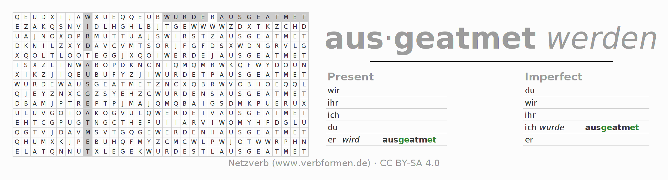 Word search puzzle for conjugation of German verb ausatmen