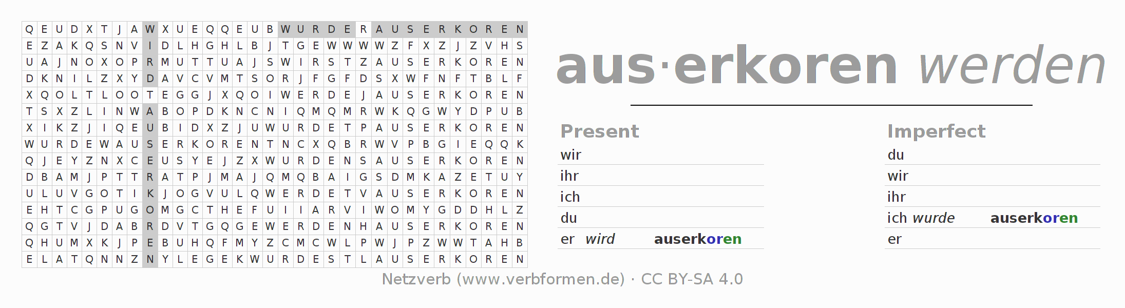 Word search puzzle for conjugation of German verb auserkiesen