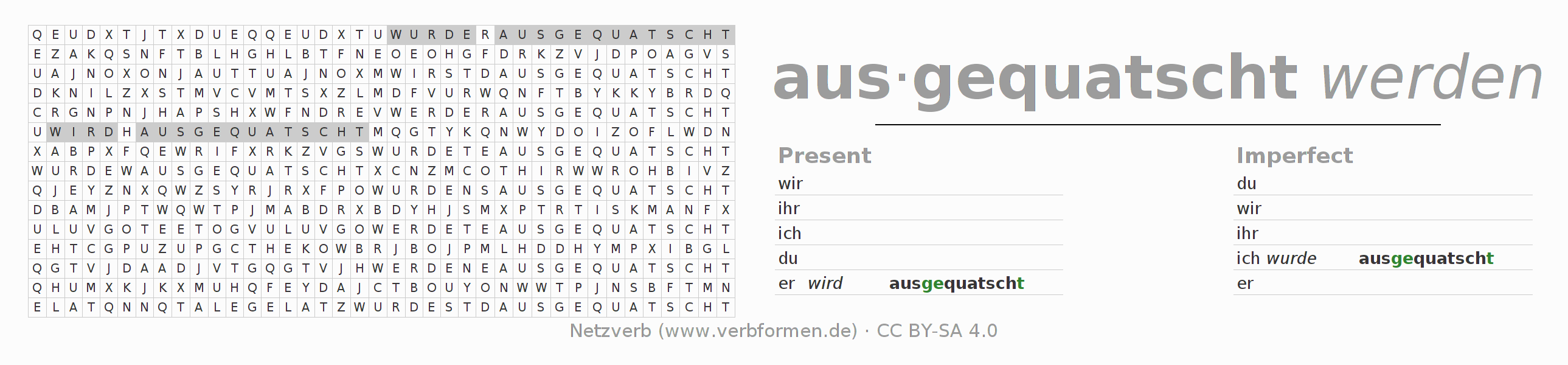 Word search puzzle for conjugation of German verb ausquatschen