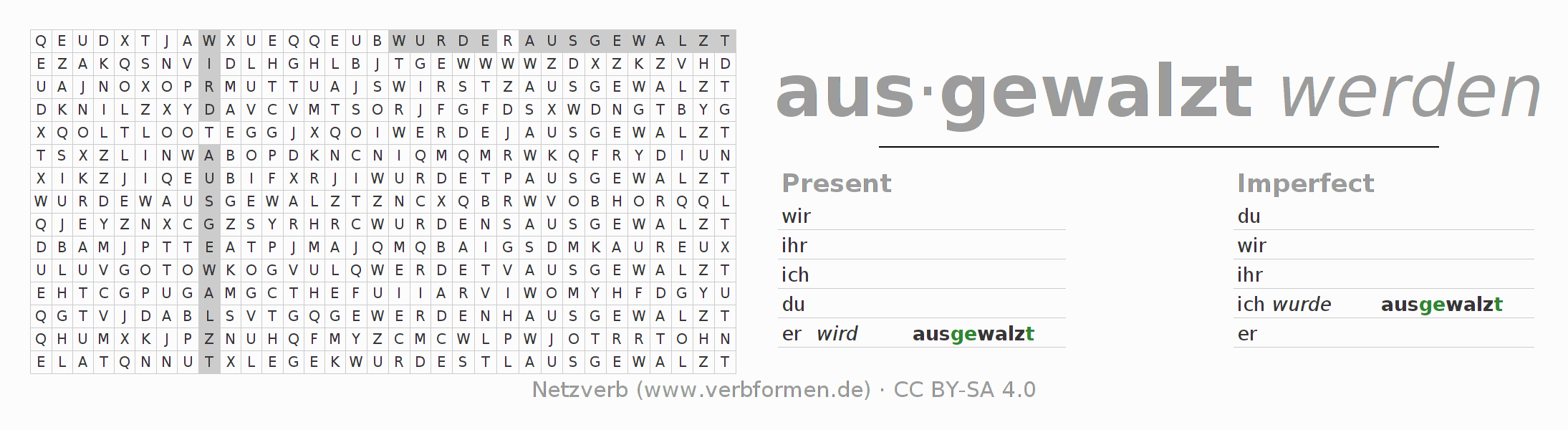Word search puzzle for conjugation of German verb auswalzen