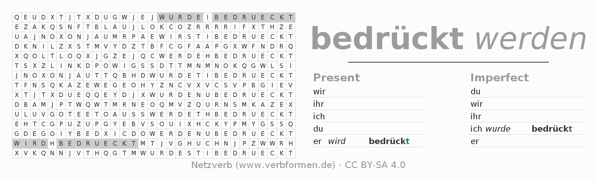 Word search puzzle for conjugation of German verb bedrücken