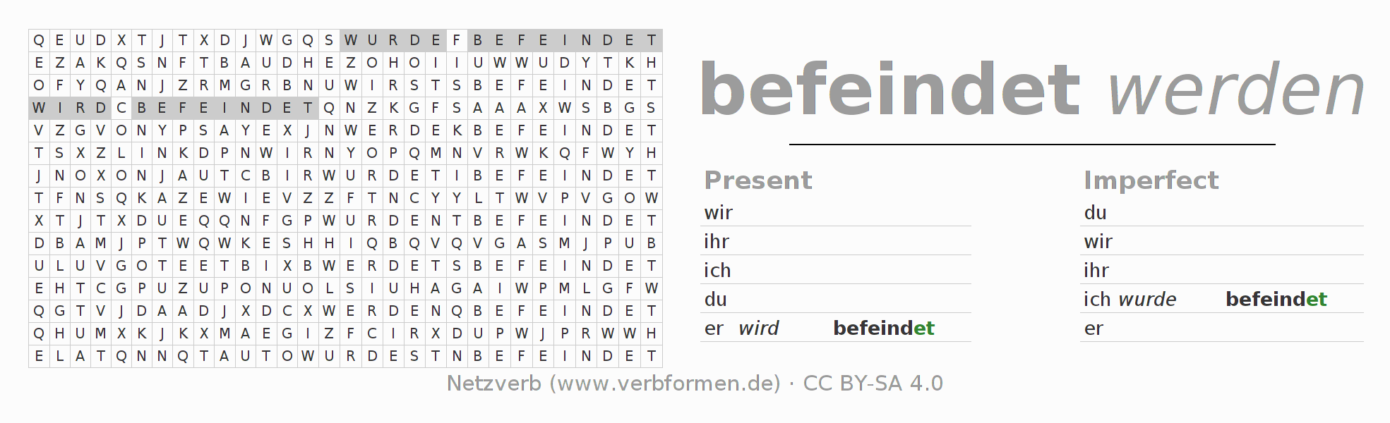 Word search puzzle for conjugation of German verb befeinden