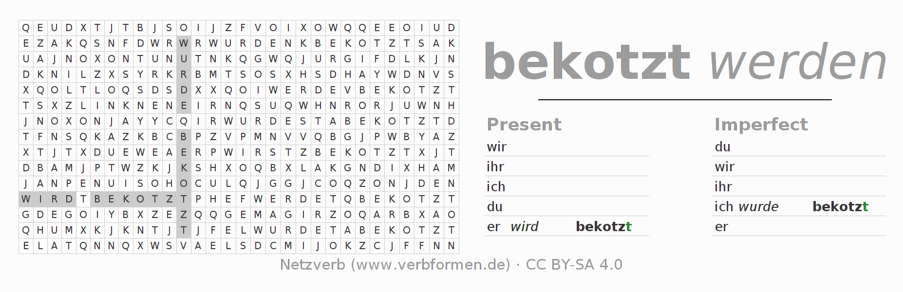 Word search puzzle for conjugation of German verb bekotzen