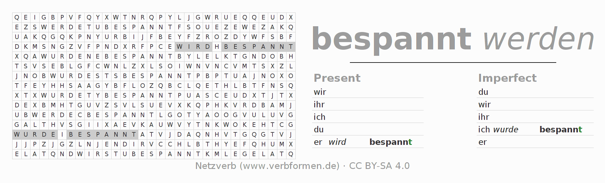 Word search puzzle for conjugation of German verb bespannen