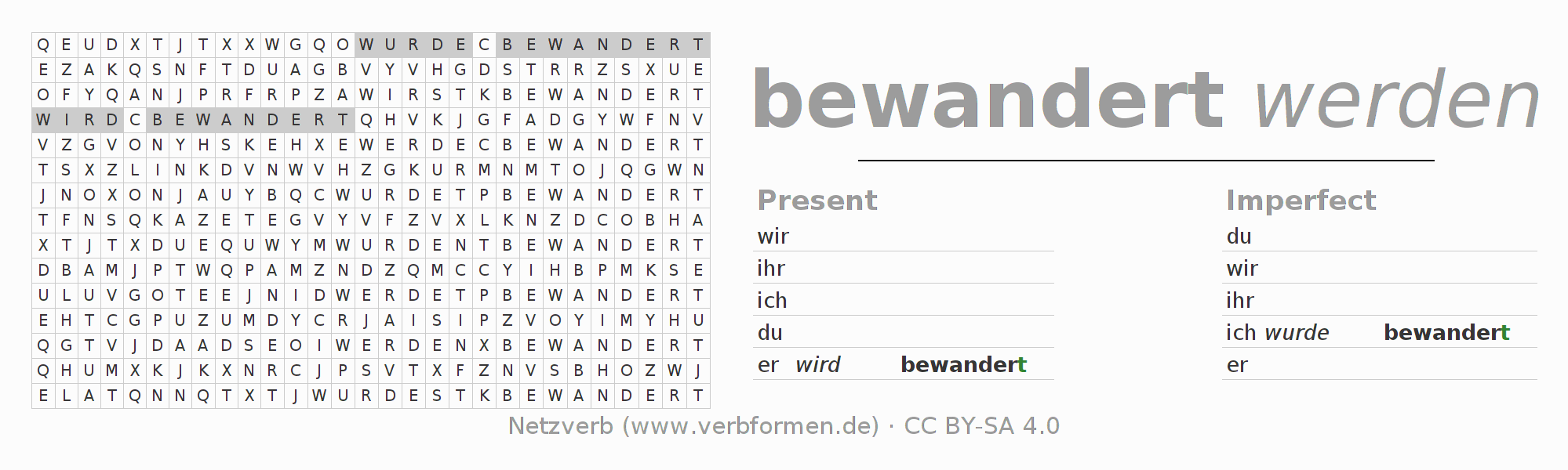 Word search puzzle for conjugation of German verb bewandern