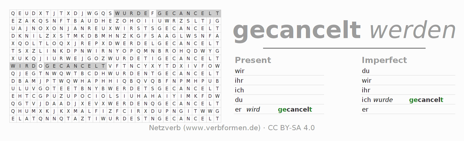 Word search puzzle for conjugation of German verb canceln