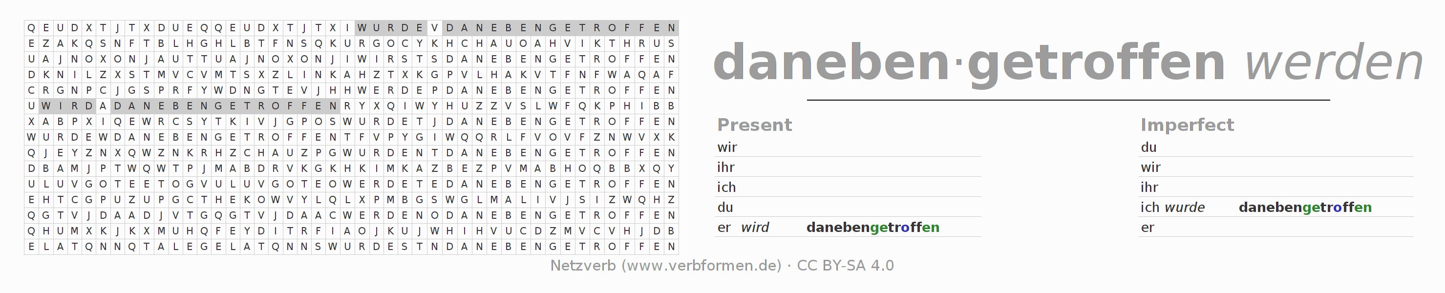Word search puzzle for conjugation of German verb danebentreffen