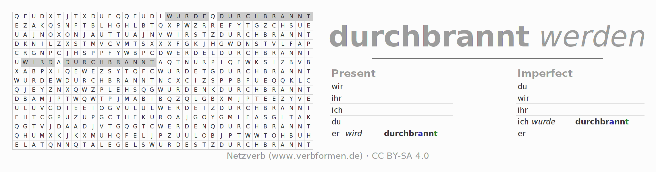 Word search puzzle for conjugation of German verb durchbrennen (hat)