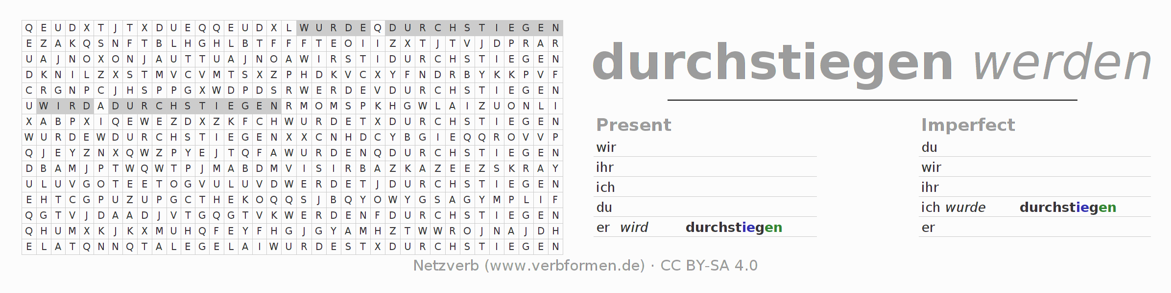 Word search puzzle for conjugation of German verb durchsteigen (hat)