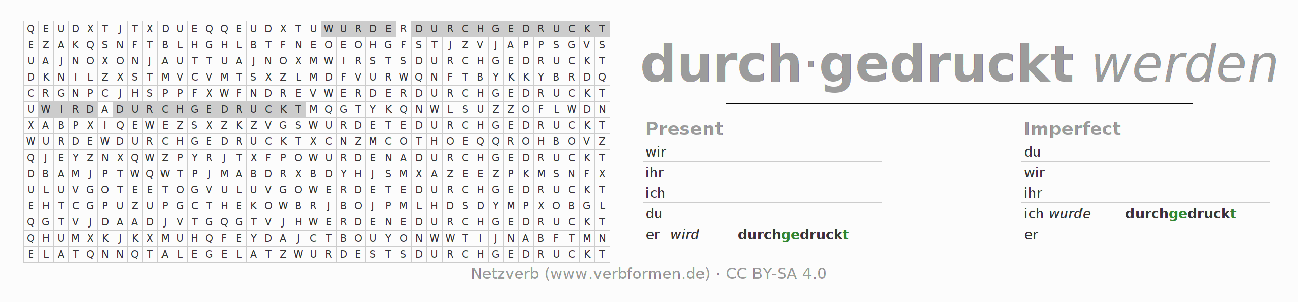 Word search puzzle for conjugation of German verb durchdrucken