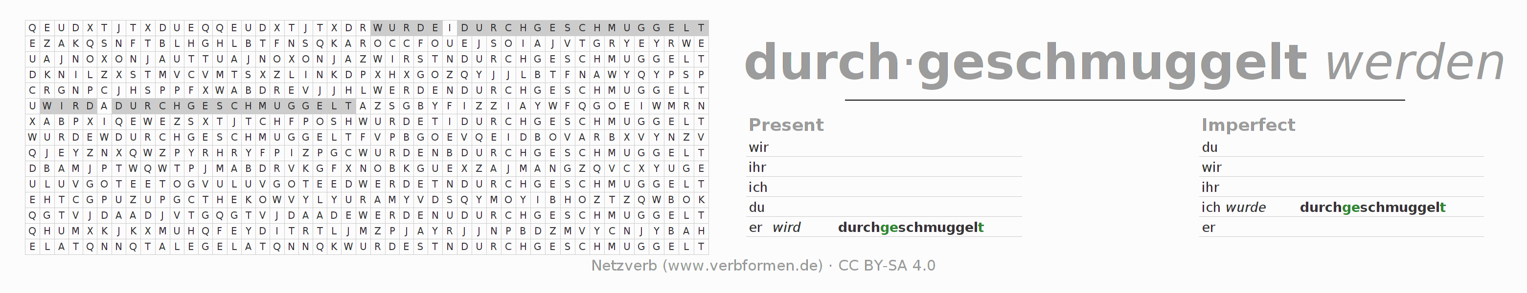 Word search puzzle for conjugation of German verb durchschmuggeln