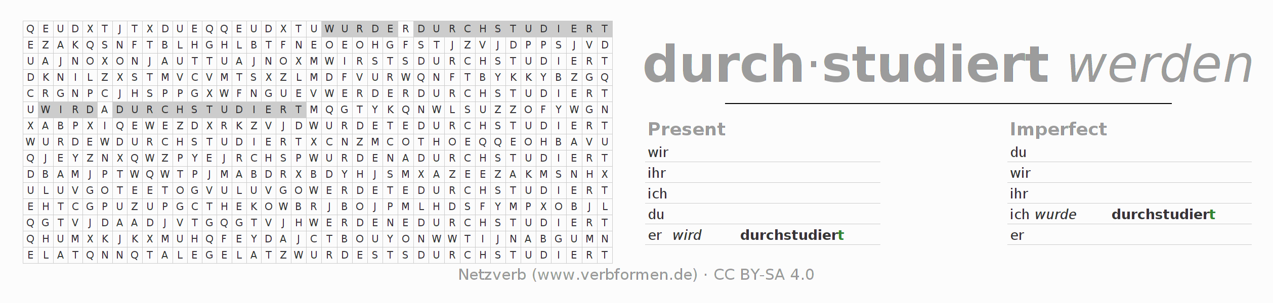 Word search puzzle for conjugation of German verb durchstudieren