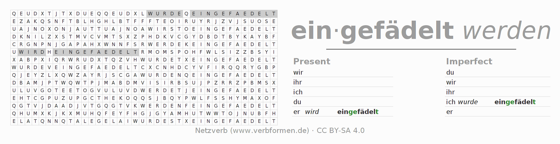 Word search puzzle for conjugation of German verb einfädeln