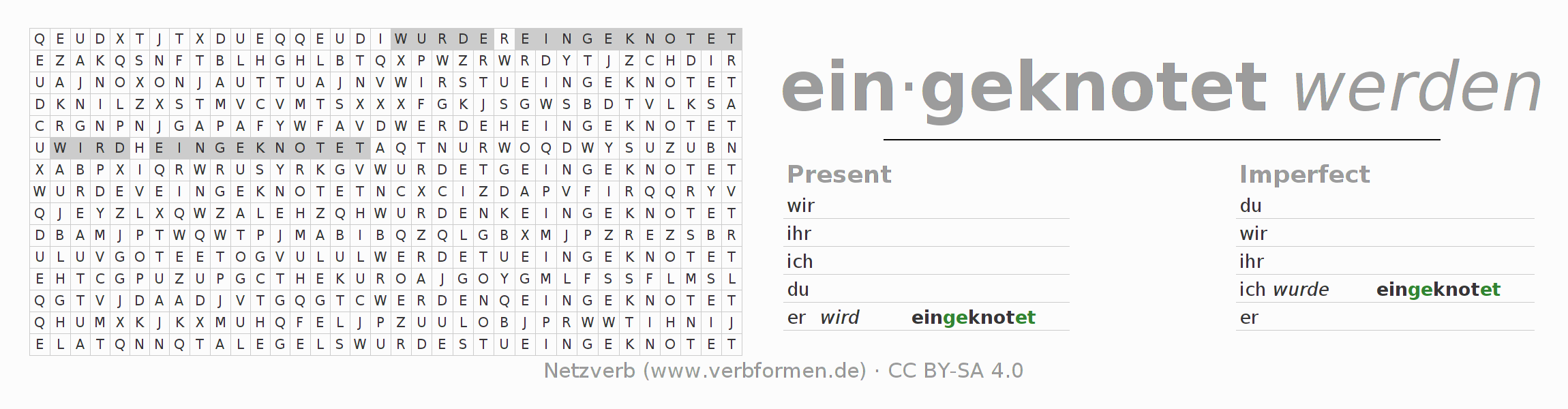 Word search puzzle for conjugation of German verb einknoten