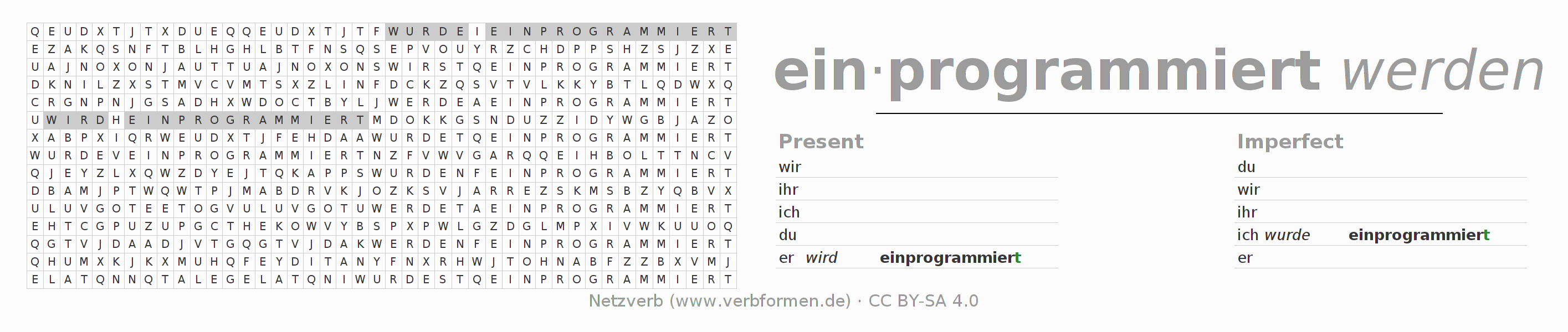 Word search puzzle for conjugation of German verb einprogrammieren