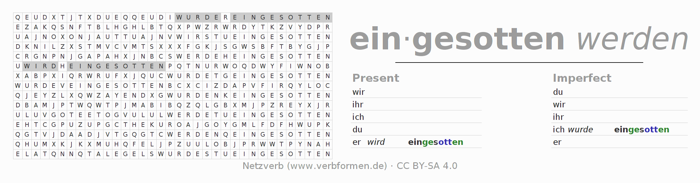 Word search puzzle for conjugation of German verb einsieden (unr)