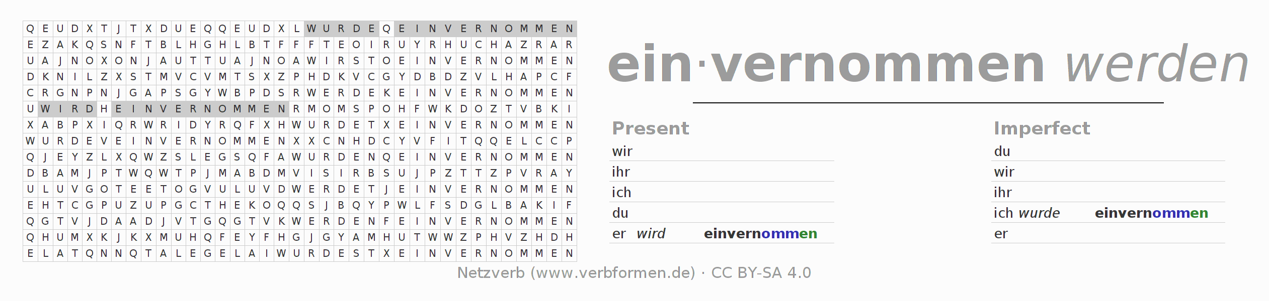 Word search puzzle for conjugation of German verb einvernehmen