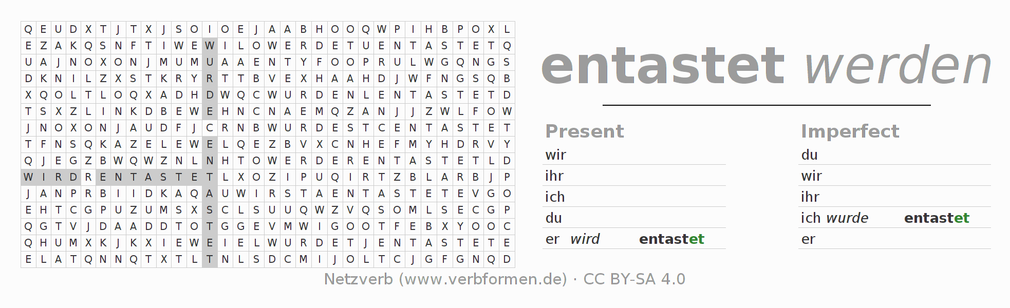 Word search puzzle for conjugation of German verb entasten