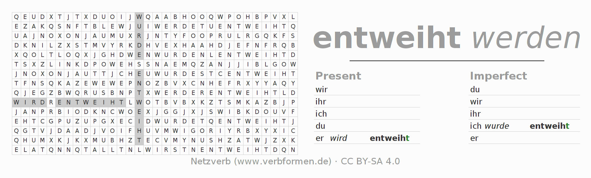 Word search puzzle for conjugation of German verb entweihen